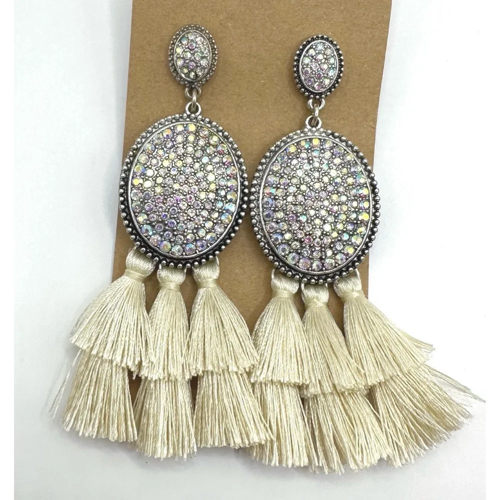 Silver Toned Cream Tassel Earrings, NEW